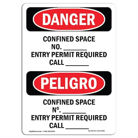 OSHA Danger, Confined Space Permit Required Bilingual, 24in X 18in Rigid Plastic